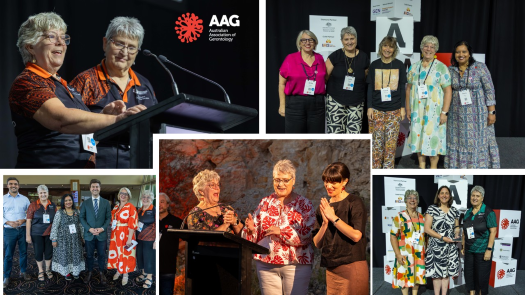 Collage of images featuring Judy Ratajec and Mary Ingrames as co-chairs of AAGConf25