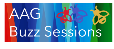 Graphic with a red, blue and yellow bee and the words: AAG Buzz Sessions