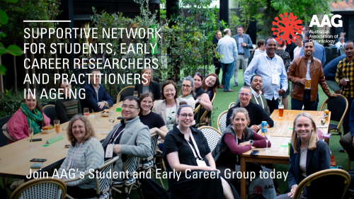 Image of AAG student and early career group members at the 2024 AAG Conference in Hobart calling for new members searching for a supportive network to join the group