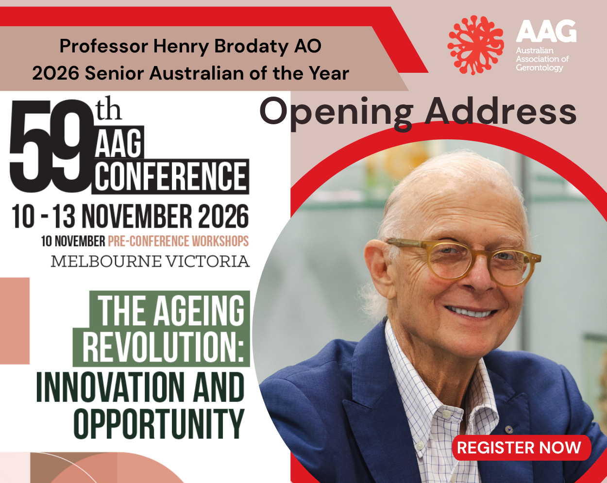 AAGConf26 promotional image featuring Professor Henry Brodaty with a call to register 
